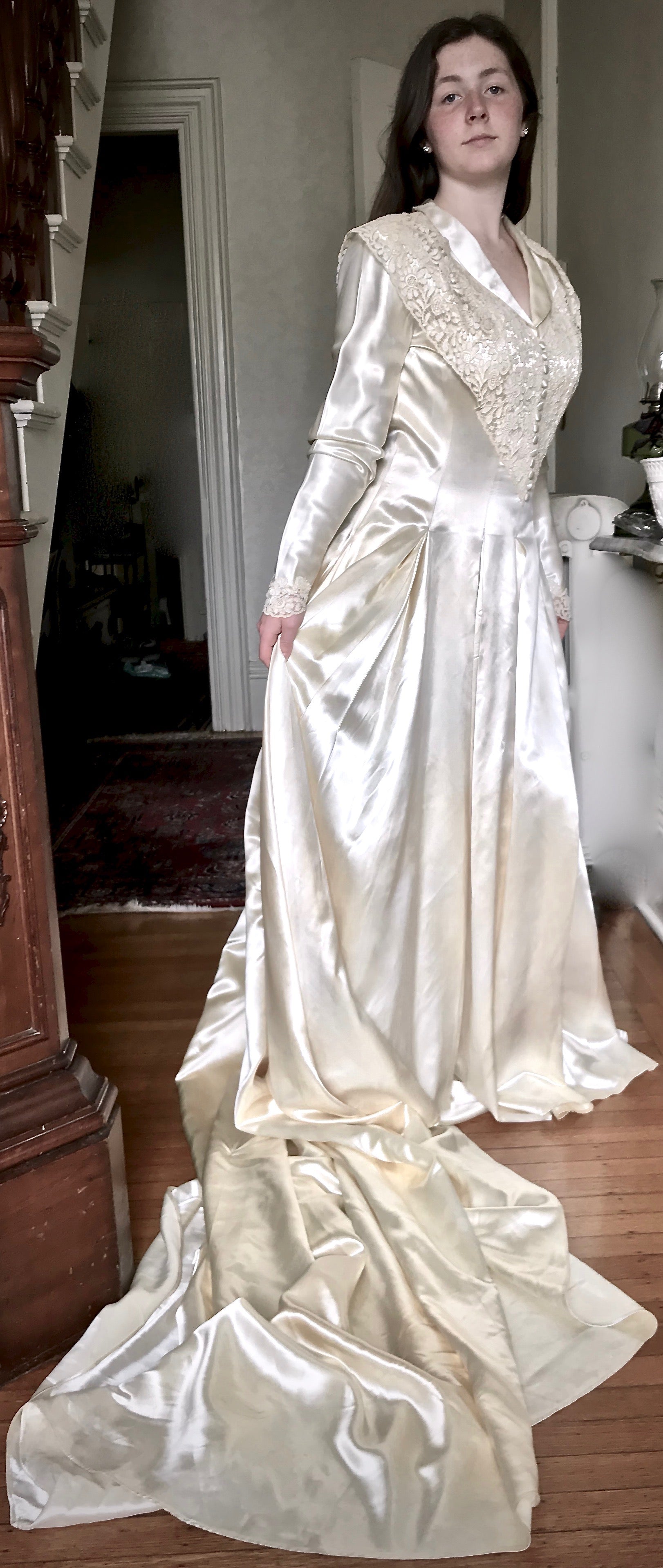 Vintage 1940’s Glamour, A Miriam of New York Original.  Ivory Liquid Satin & Lace Bias-Cut Fitted & Flared Gown.   A-Line Silhouette with substantial "Monarch" train